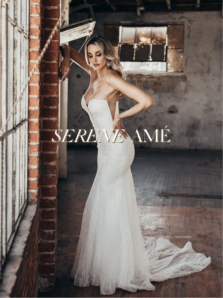 Model wearing a bridal gown by Serene Amé